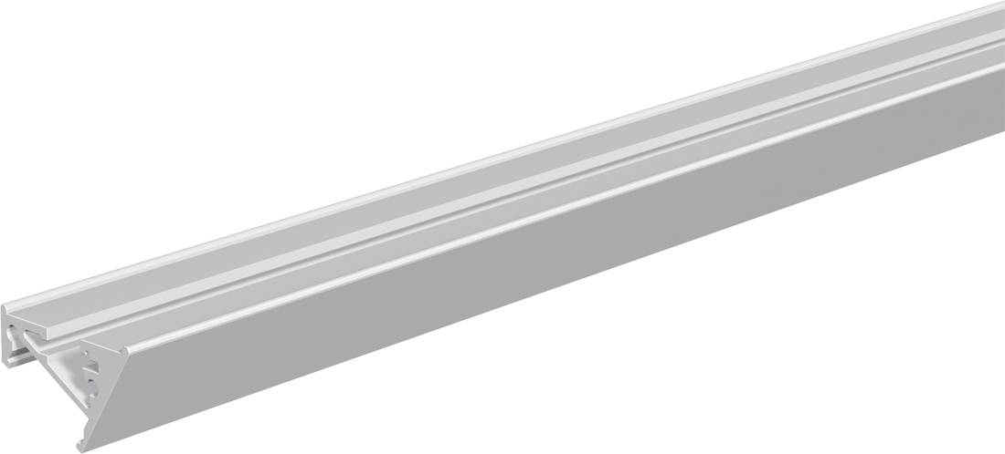 Langes Aluminium-Extrusionsprofil mit einer dreieckigen Montageklammer und gerillter Oberfl­äche, dargestellt auf weißem Hintergrund.