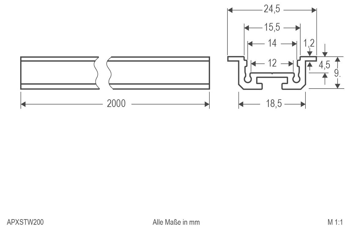 Technische Maßstabszeichnung eines 2000 mm langen Aluminiumprofils, mit Querschnittmaßen in Millimetern beschriftet, Maßstab M 1:1.