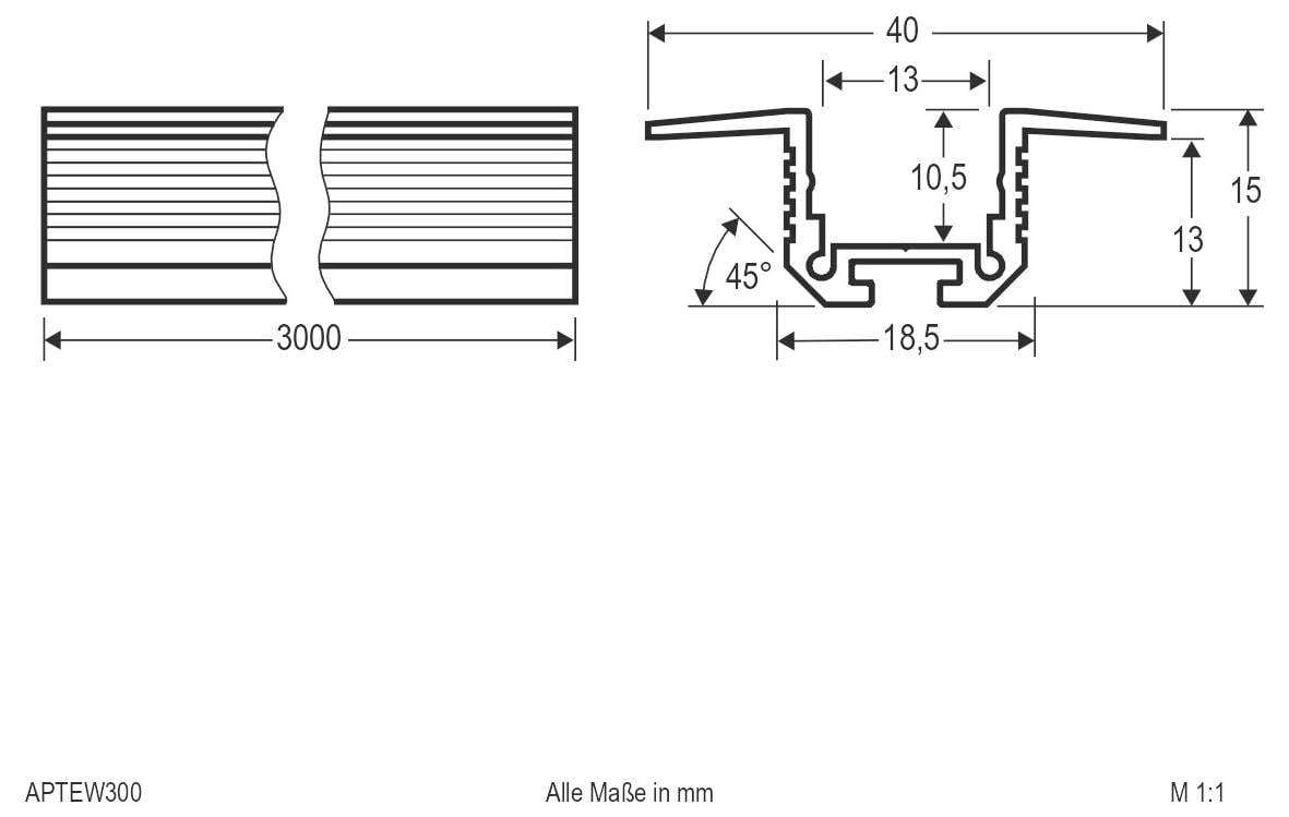 Technische Zeichnung eines Wellblechpanels mit Seitenansicht und Querschnittsabmessungen: 3000 mm Länge, 40 mm Breite, 15 mm Höhe und 45° Winkel.