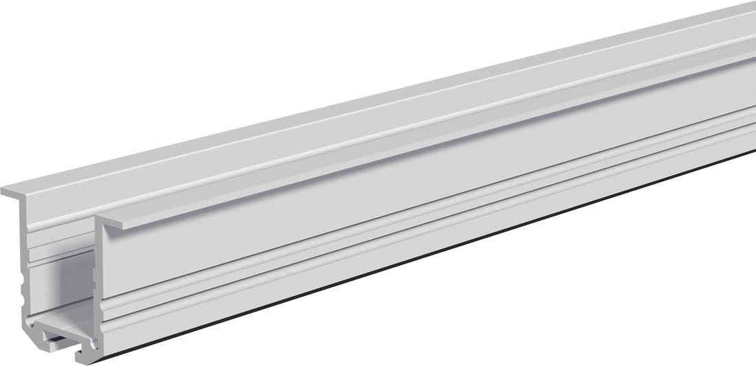 Langes silbernes Aluminium-Linearleuchtengehäuse in Perspektivansicht auf weißem Hintergrund.