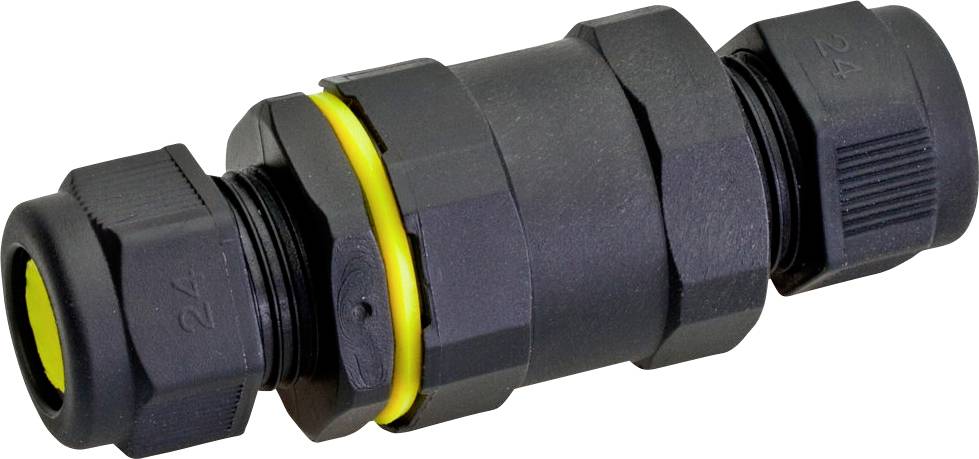 Schwarzer wasserdichter Kabelstecker mit gelbem Dichtungsring, vor weißem Hintergrund dargestellt.