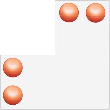 Vier orange-rote glänzende Kreise in einer L-Form auf einem hellgrauen gestuften Hintergrund angeordnet.