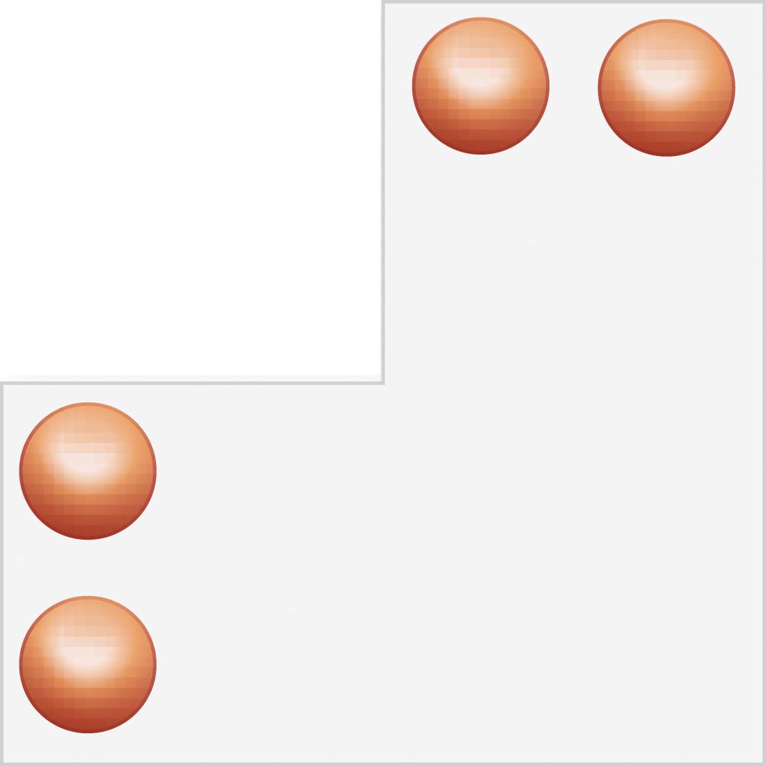 Vier orangefarbene Kugeln in einem L-förmigen Muster auf weißem Hintergrund angeordnet.