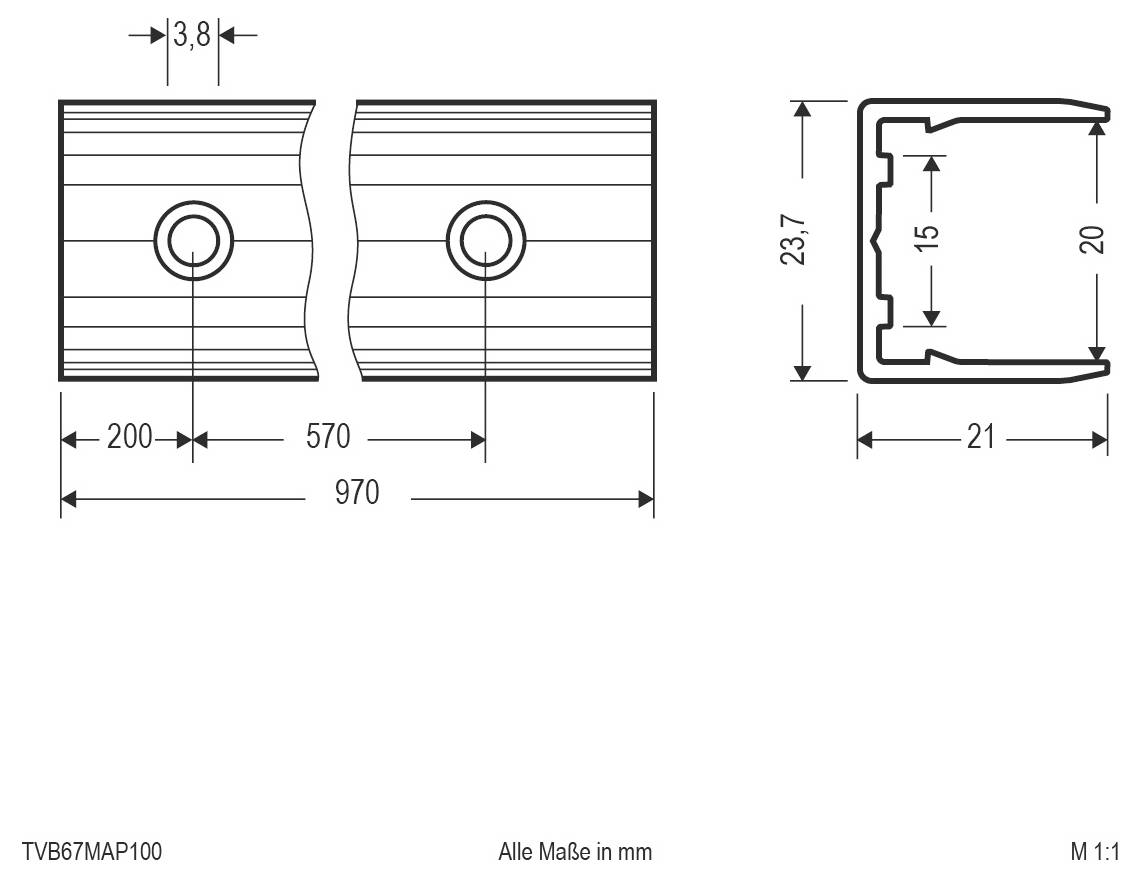 Technische Zeichnung eines Metallprofilquerschnitts mit zwei Vorderansichten und einem seitlichen Querschnitt, das Abmessungen in Millimetern zeigt: 970 Gesamtbreite, 570 Spalt, 200 Versatz, 3,8 Dicke, 21 mal 23,7 Profilgröße und 15 und 20 innere Maße.