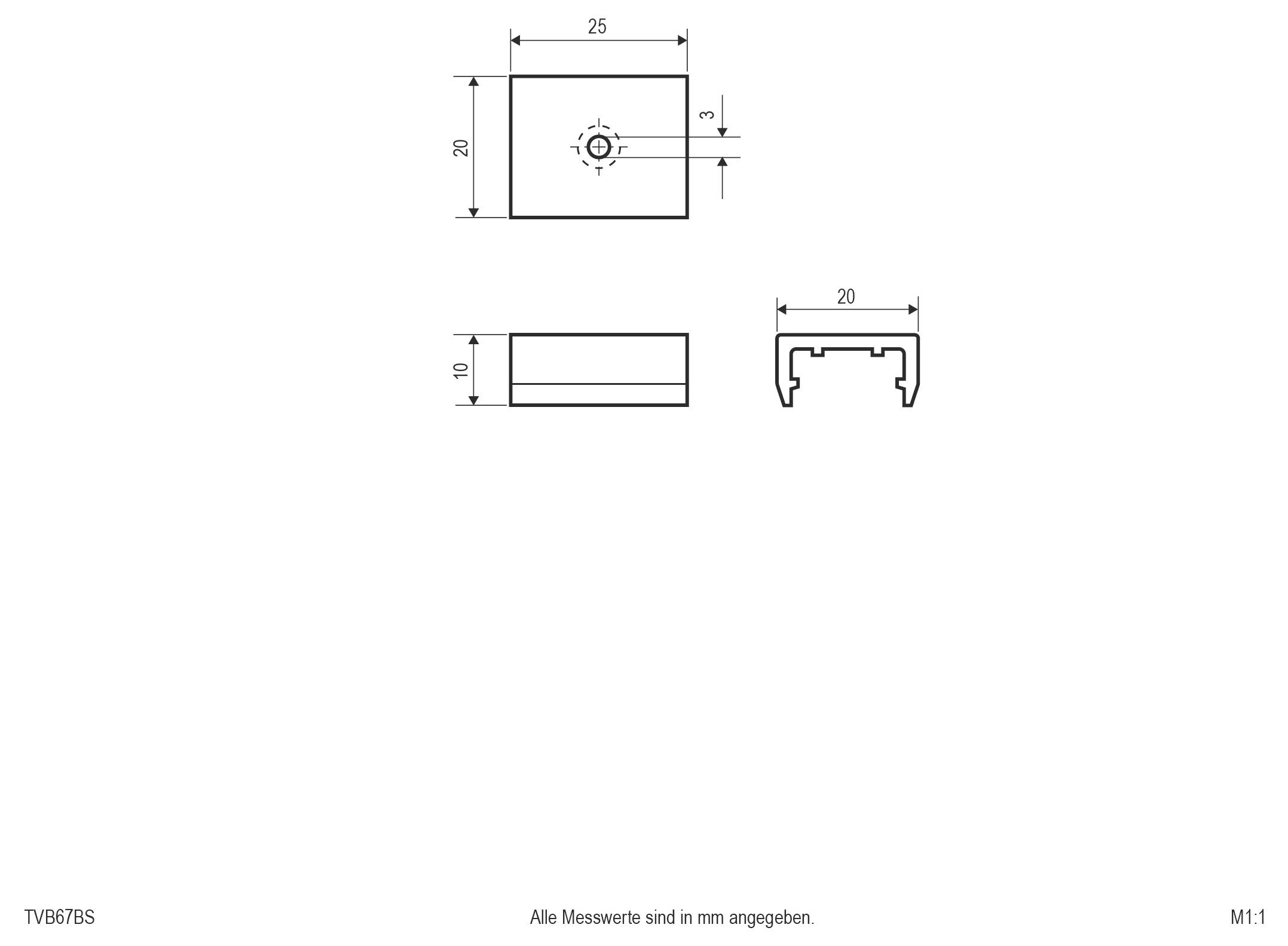 Technische Zeichnung eines kleinen rechteckigen Teils mit zentriertem Loch, das Draufsicht, Seitenansicht und Endansicht zeigt; die Abmessungen geben 25 mm Breite, 20 mm Höhe, 10 mm Dicke und 20 mm über das Profil an.
