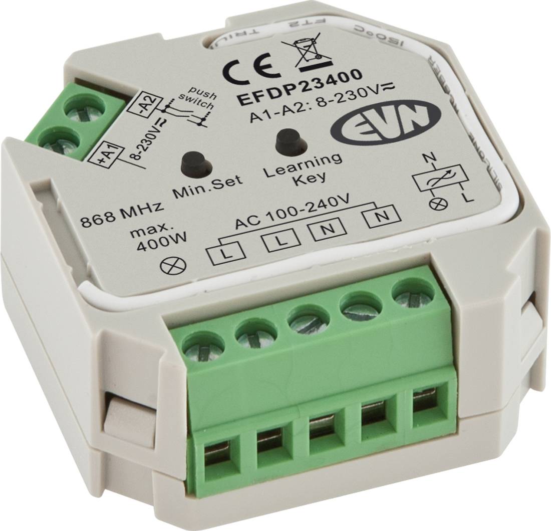 Weißes kabelloses Relaisschaltermodul mit der Bezeichnung „EFDP23400" mit grünen Anschlussblöcken, Druckschalter und Lernschlüssel.