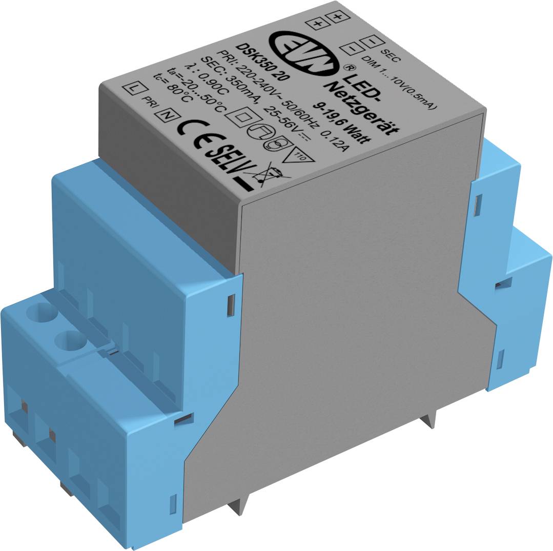 3D-Rendering eines LED-Stromversorgungsmoduls mit blauen Anschlussklemmen und gekennzeichnetem grauem Metallgehäuse, in Perspektivansicht dargestellt.