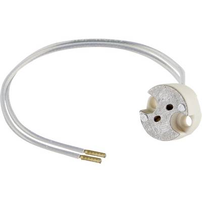 LED-Glühbirnensockel mit angebrachten Metalldrahtleitern und einem Keramikstecker, isoliert auf weißem Hintergrund.