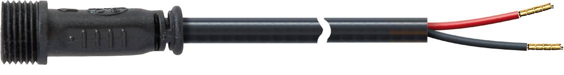 Schwarzes Stromkabel mit geformtem Stecker auf der linken Seite und zwei freiliegenden roten und schwarzen Drahtenden auf der rechten Seite, in der Mitte durchtrennt dargestellt.