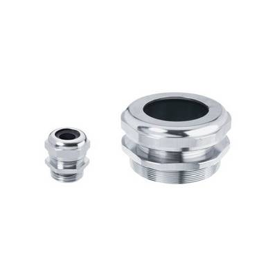 Zwei silberne Kabelverschraubungen unterschiedlicher Größe aus Metall, nebeneinander auf weißem Hintergrund.