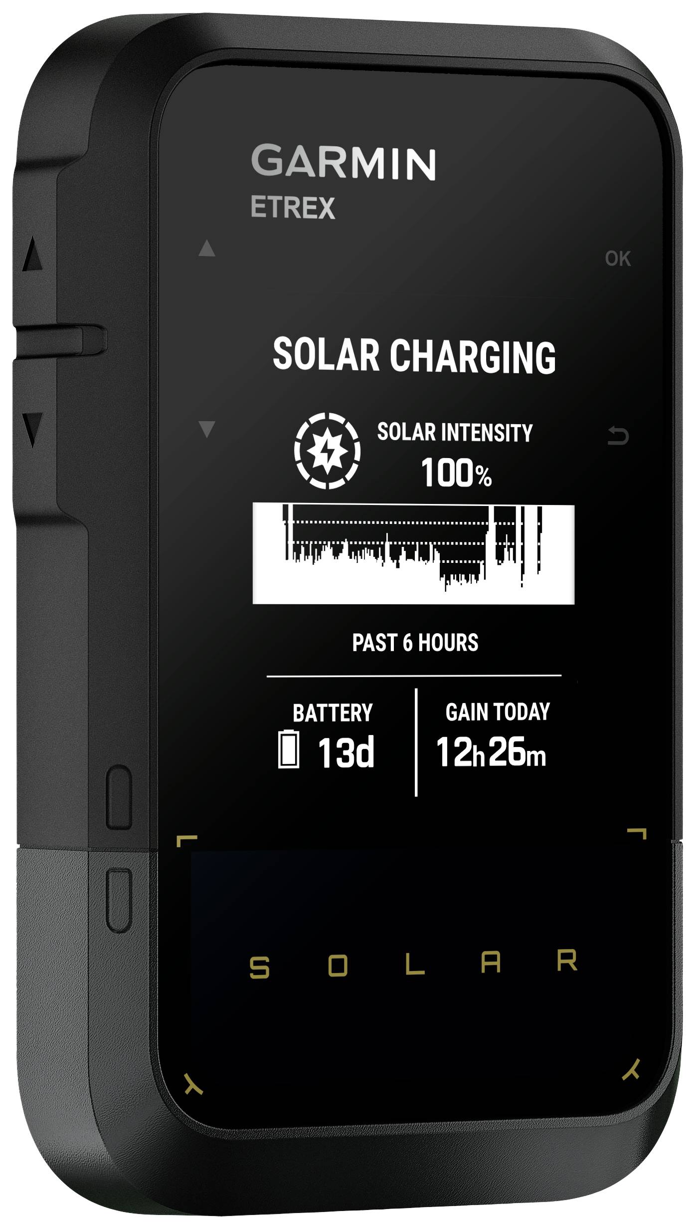 Ein GPS-Gerät zeigt 'Solar Charging' mit 100% Solarintensität. Akku hält 13 Tage, heute 12h26m gewonnen. Anzeigen für OK und Menü sichtbar.