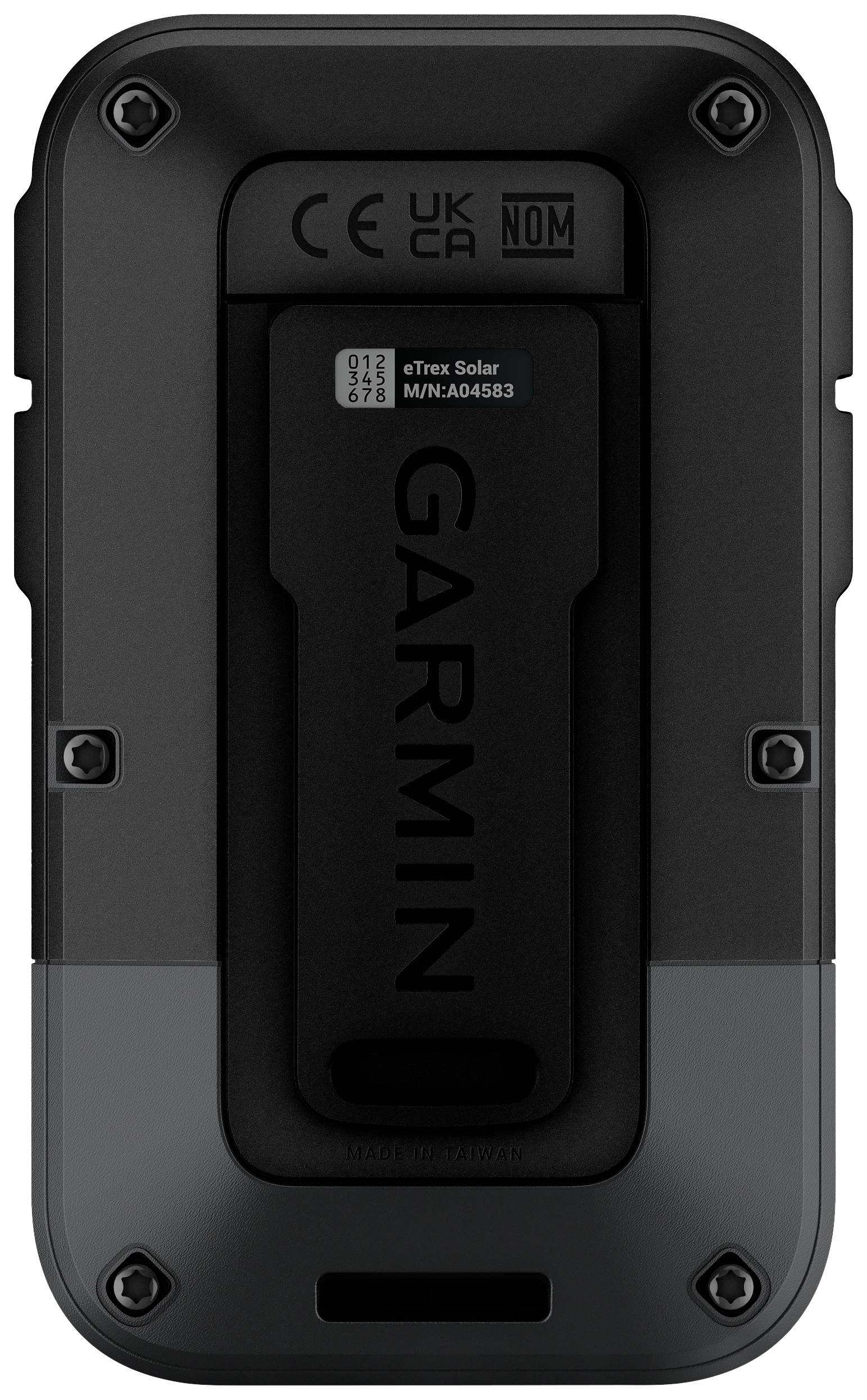 'Rückseite eines Garmin eTrex Solar Geräts mit Zertifizierungskennzeichen und Seriennummer.'