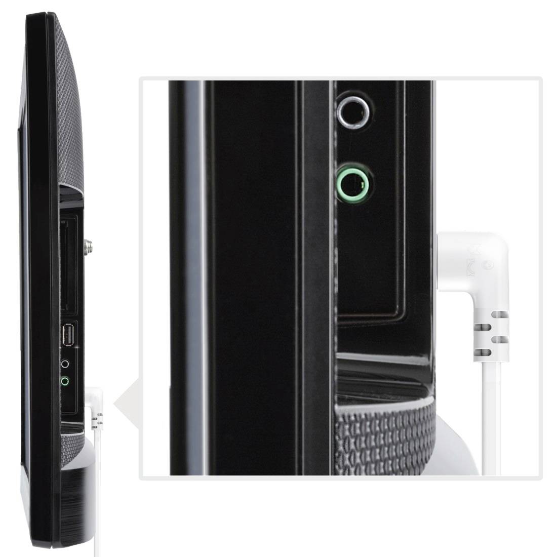 Nahaufnahme der Seitenanschlüsse eines schwarzen Monitors, darunter ein USB-Port und ein Audioanschluss, mit eingestecktem Kabel.