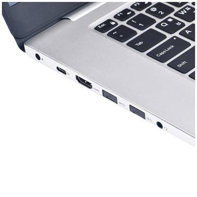 Laptop-Tastatur und -Anschlüsse in Nahaufnahme, einschließlich USB- und HDMI-Ports auf der linken Seite.