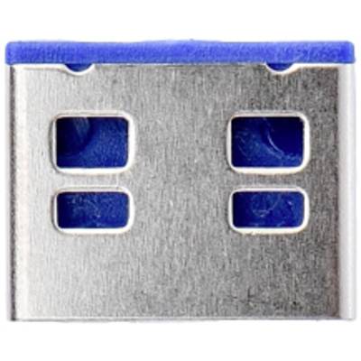 Ein Metalladapter mit zwei blauen Kunststofföffnungen. Der Adapter ist quadratisch und scheint ein elektronisches Verbindungselement zu sein.
