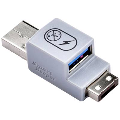Ein grauer USB-Schutzadapter mit einem Blitzsymbol obenauf blockiert Zugang zu USB-Ports zur Sicherheit und Schutz vor unbefugtem Gebrauch.