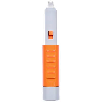 Kompakter orangener und grauer Stempel mit einem Schiebemechanismus oben.