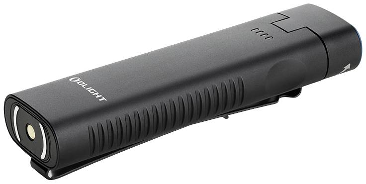 Ein schwarzes, rechteckiges Taschenlampen mit Clip, robustem Design und einem markanten Logo an der Seite.