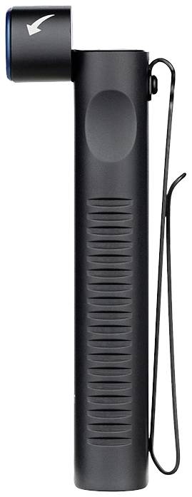 Seitliche Ansicht eines schwarzen Taschenlampenkörpers mit Clip. Der Lampenkopf ist drehbar, Pfeil zeigt die Drehrichtung an.