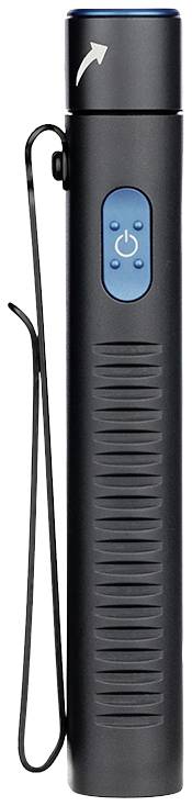 Schwarze Taschenlampe mit blauem Knopf und Gürtelclip. Sie hat eine weiße Pfeilmarkierung am oberen Ende.