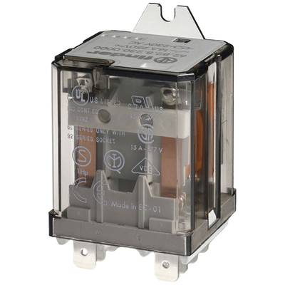 Relais in einem transparenten Gehäuse mit technischen Symbolen und Spezifikationen aufgedruckt, zum Einsatz in elektrischen Schaltungen.