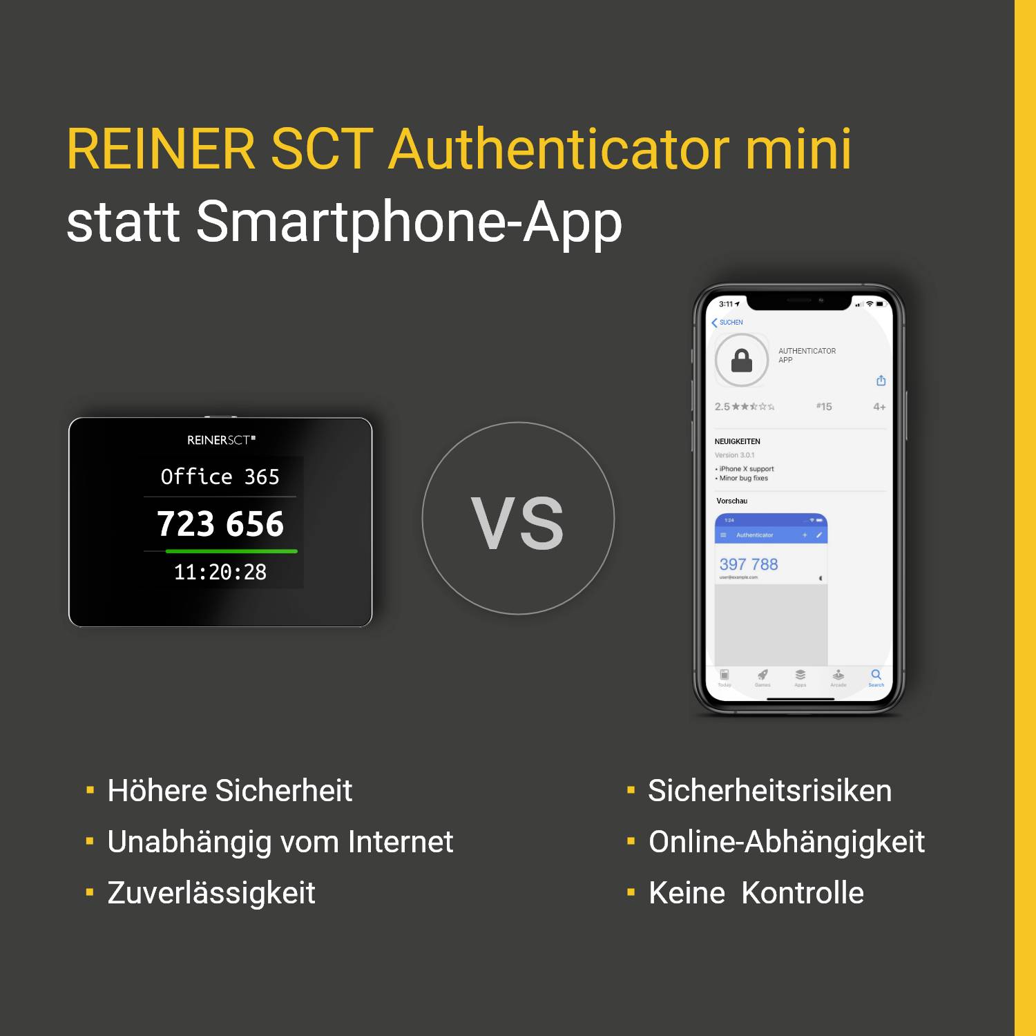 'Reiner SCT Authenticator mini statt Smartphone-App' vergleicht erhöhte Sicherheit und Zuverlässigkeit des Geräts mit Risiken und fehlender Kontrolle bei Online-Nutzung.