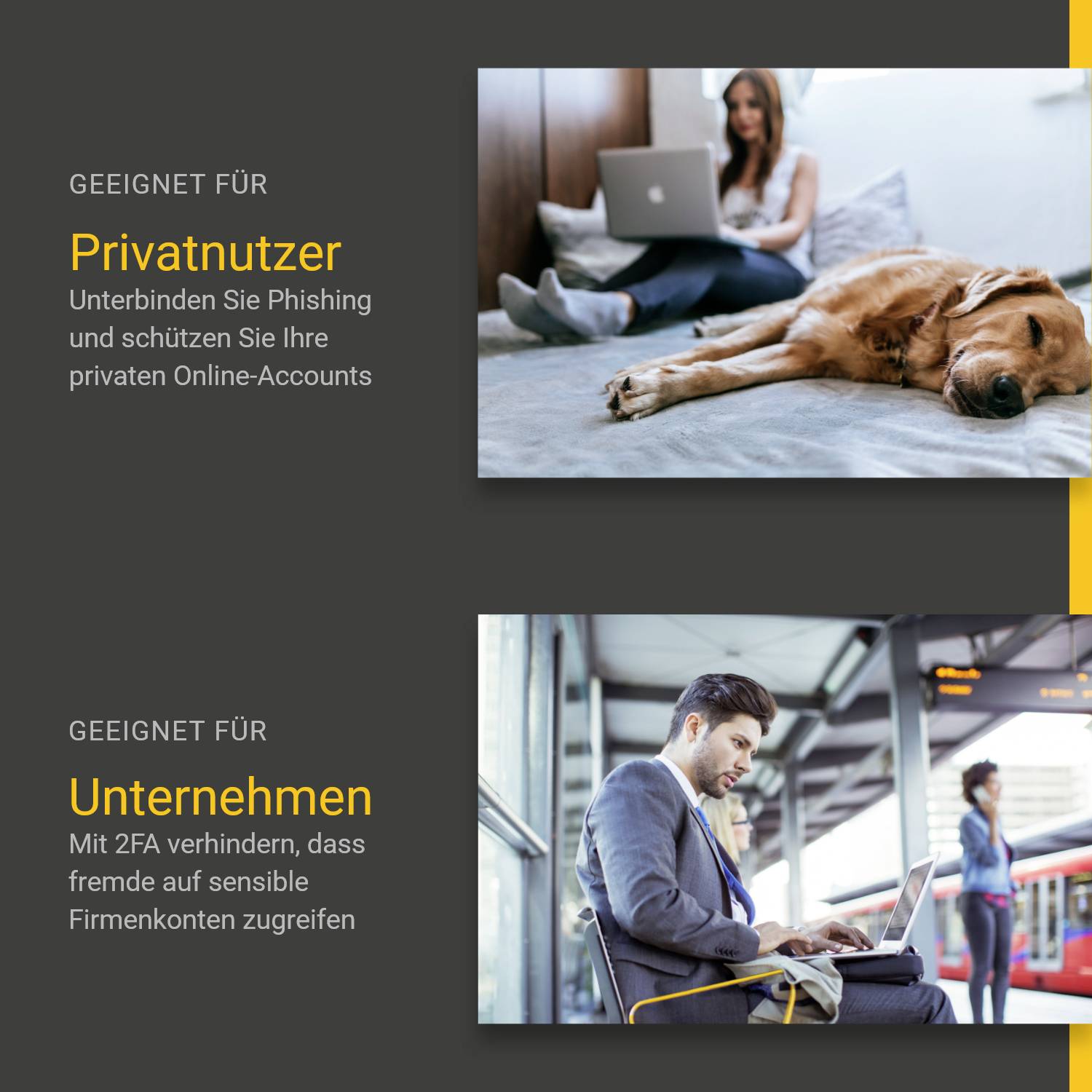 Oben: Frau entspannt mit Laptop auf Sofa, Text betont Schutz privater Online-Konten. Unten: Mann arbeitet am Laptop, Firmenkonten sichern durch 2FA.