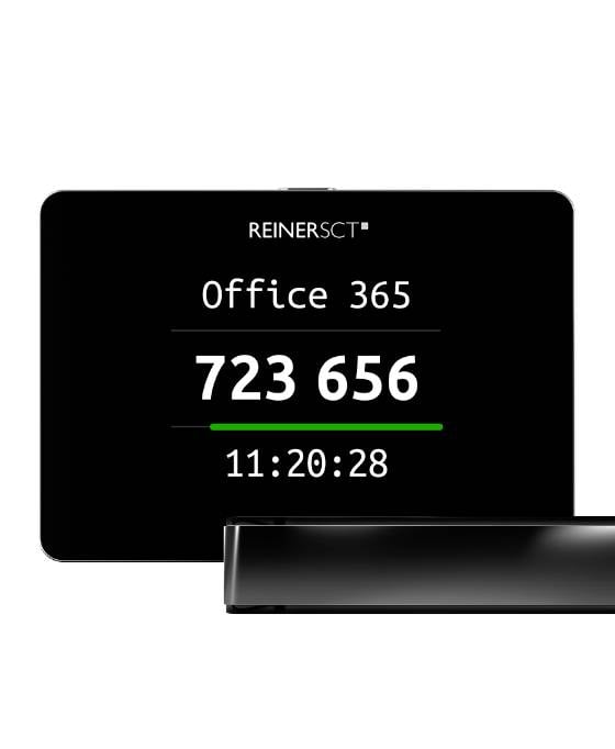 Ein Authentifizierungstoken-Generator zeigt 'Office 365' mit einem sechsstelligen Code '723 656' und Uhrzeit '11:20:28' an.