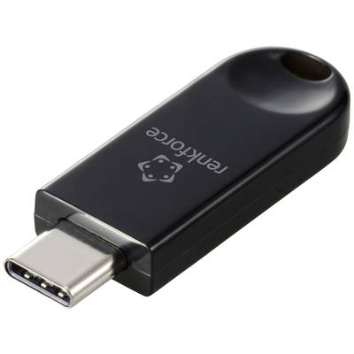 Ein schwarzer USB-C-Stick mit dem Logo und der Aufschrift 'rentforce' darauf.