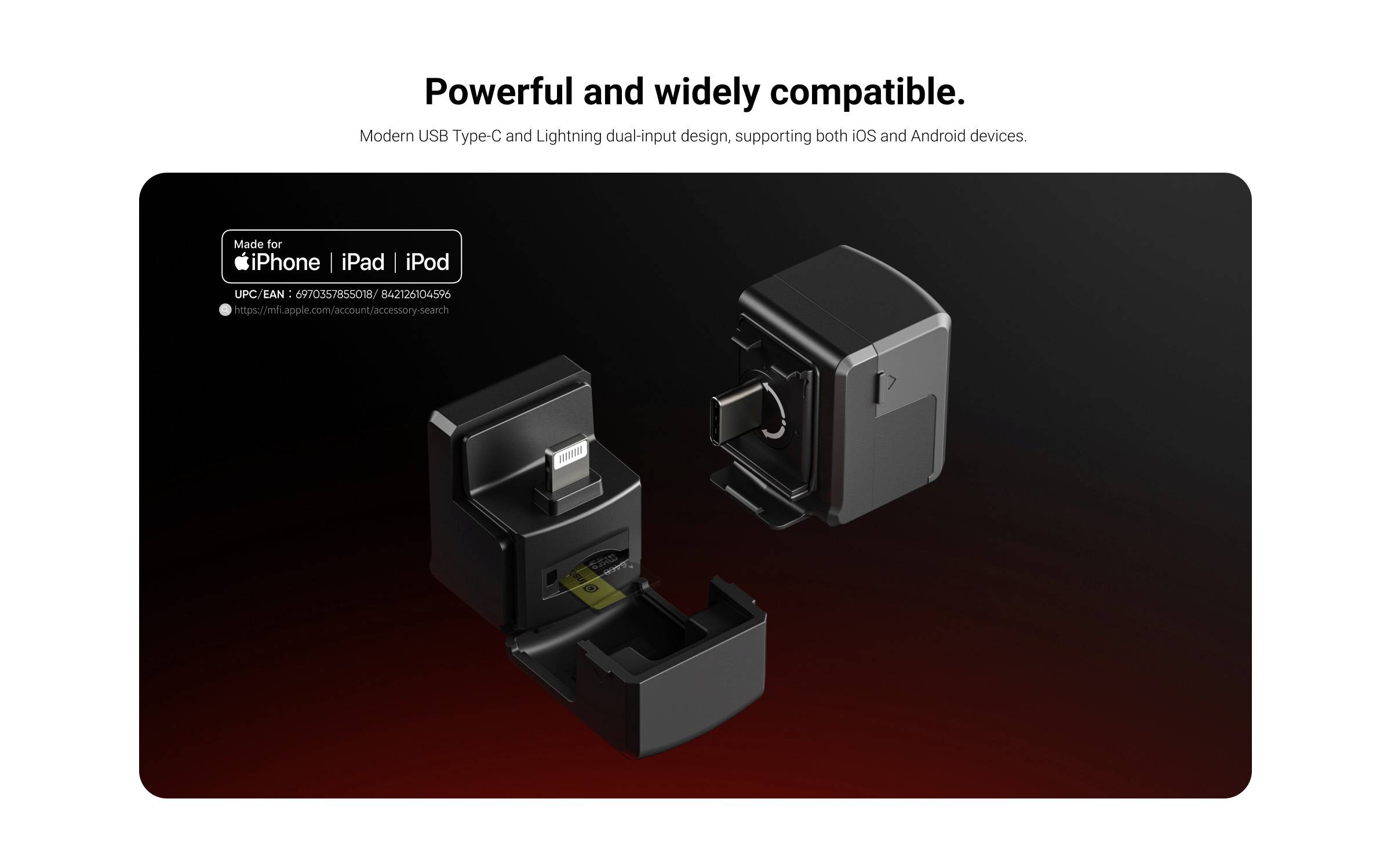 Ein Adapter mit USB-C und Lightning-Anschlüssen, kompatibel mit iPhone, iPad und iPod. Unterstützt iOS und Android-Geräte.