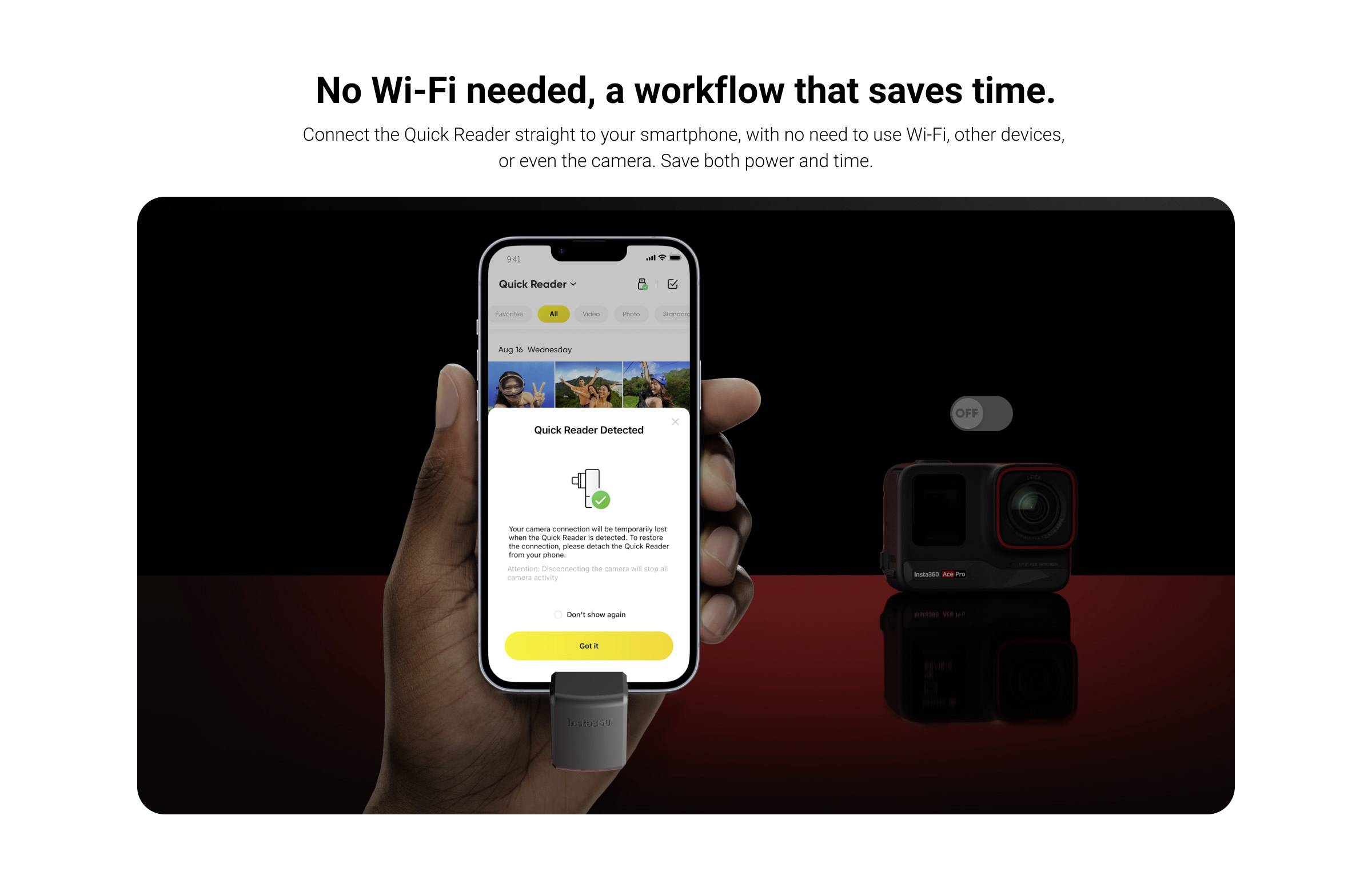 Smartphone zeigt 'Quick Reader Detected' Meldung über angeschlossene Quick Reader auf schwarzem Hintergrund neben Kamera.