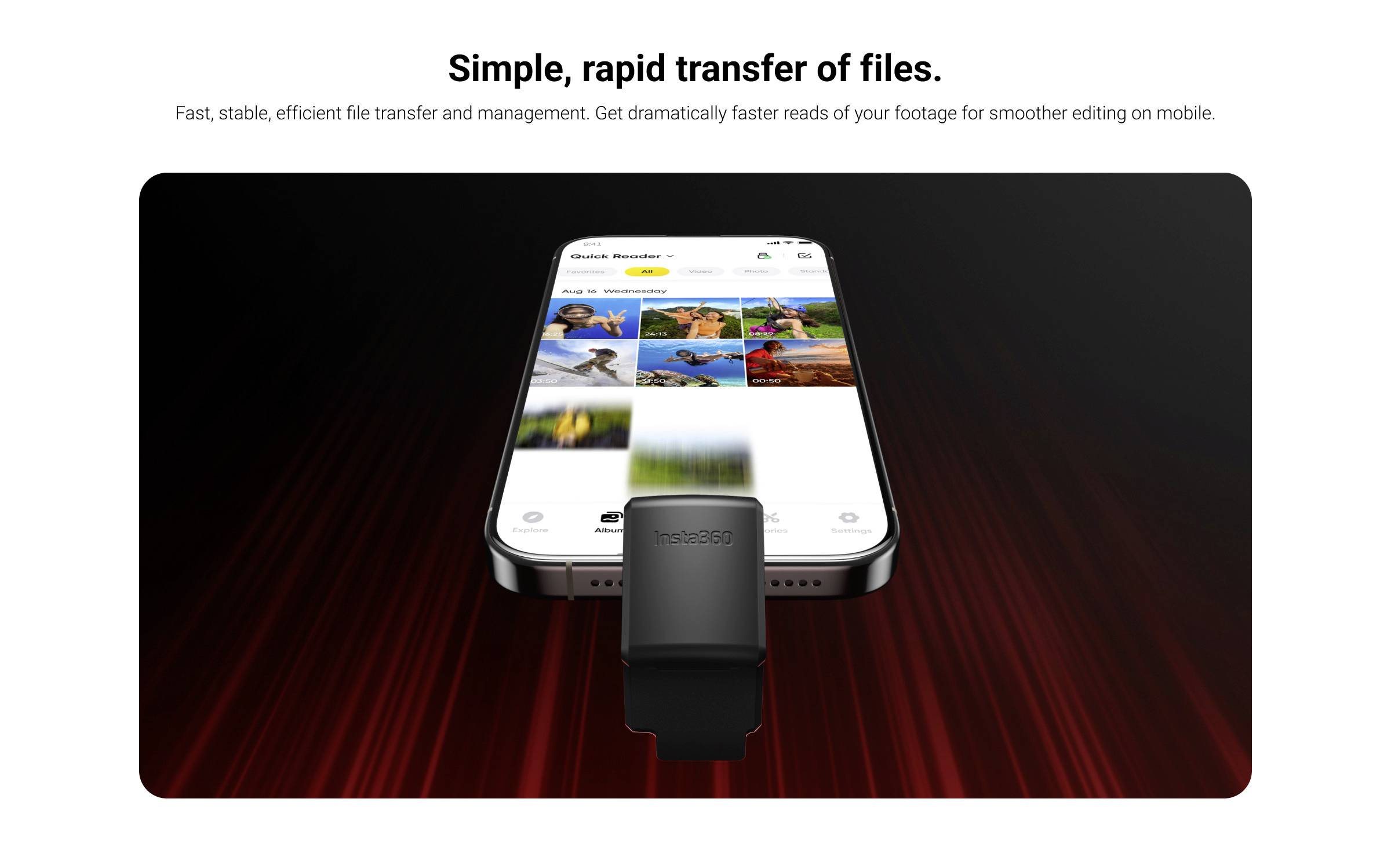 Ein Smartphone zeigt eine Galerie mit Fotos. Ein USB-Speicherstick ist angeschlossen. Text oben: 'Simple, rapid transfer of files.'