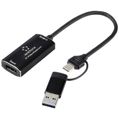 Ein schwarzer USB-Video-Capture-Adapter mit HDMI-Eingang und USB-Anschluss, verwendet zur Aufnahme von Video- und Audiosignalen.