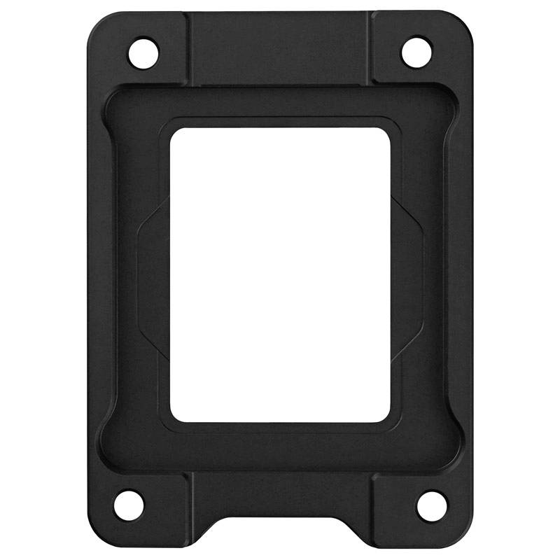 Schwarze rechteckige Halterung mit abgerundeten Ecken und vier Befestigungslöchern in jeder Ecke, vermutlich für technische Geräte.