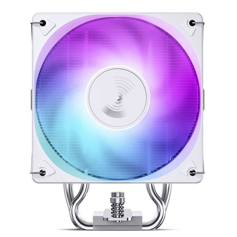 Ein quadratischer Computerlüfter mit bunten Lichtern in Blau, Lila und Rosa. Sichtbare Metallrohre unten zur Kühlung.