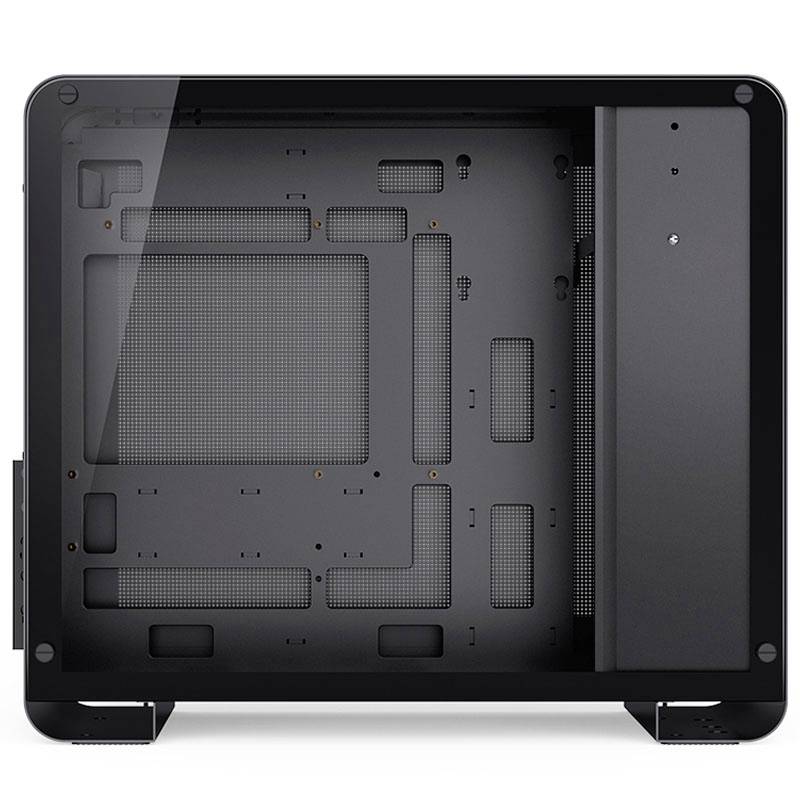 Ein leerer PC-Gehäuse-Innenraum mit sichtbaren Halterungen und Lüftungsschlitzen, bereit für Computerhardware-Installation.