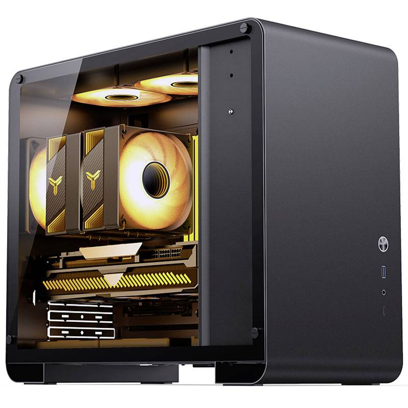 Ein eleganter Desktop-Computer mit Glasgehäuse zeigt leuchtende orangefarbene Ventilatoren und moderne Komponenten im Innenraum.