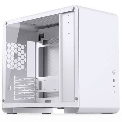 Ein leerer, weißer Computergehäusewürfel mit Seitenfenster und Platz für Hardwarekomponenten.