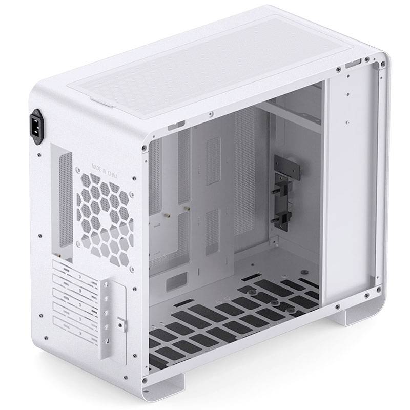 Ein leerer, weißer Computergehäuse-Rahmen mit sichtbaren Lüftungsschlitzen und Steckplätzen für Hardwarekomponenten.