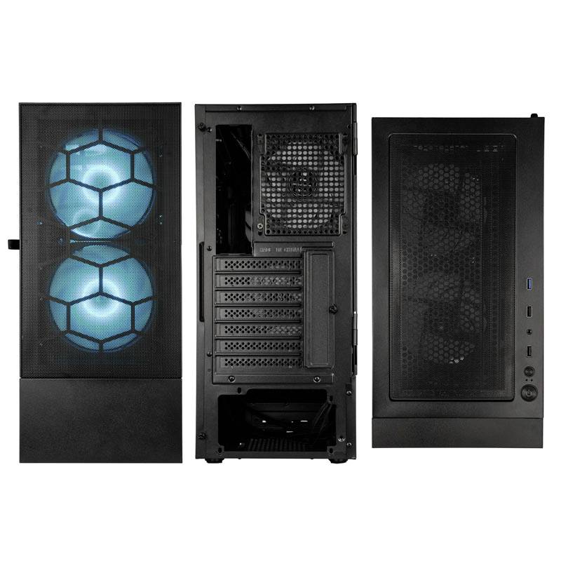 Drei Ansichten eines schwarzen Computergehäuses mit beleuchteten Lüftern vorne, offener Rückseite und USB-Anschlüssen an der Seite.