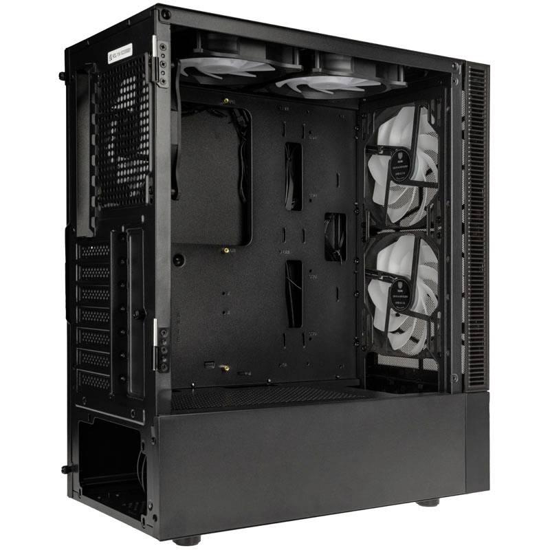 Schwarzes PC-Gehäuse mit drei eingebauten Lüftern, Seitenansicht ohne Seitenwand, zeigt Innenraum mit Kabelmanagement-Optionen.