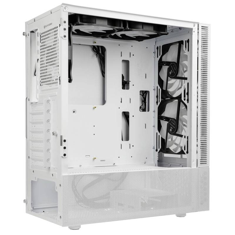 Ein leerer, weißer Computergehäuse-Turm mit eingebauten Lüftern, bereit für die Hardware-Installation.