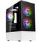 Weißes PC-Gehäuse mit gehärtetem Glas, zeigt bunte RGB-Lüfter vorne und hinten, geeignet für Gaming- oder High-Performance-Computer.