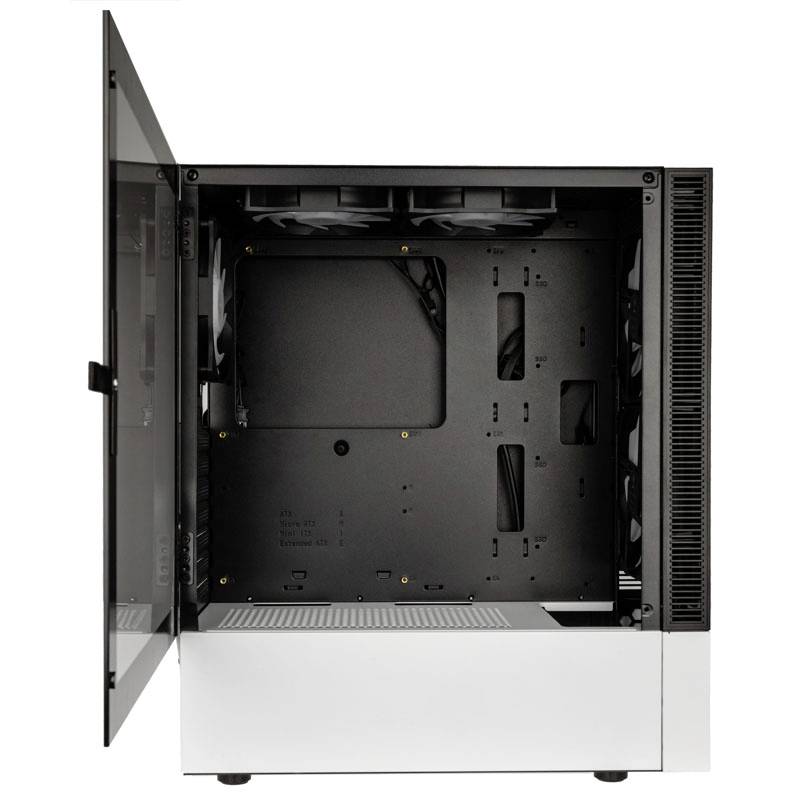 Ein offenes PC-Gehäuse in Weiß und Schwarz mit transparentem Glasfenster, bietet Platz für interne Komponenten wie Mainboard und Laufwerke.