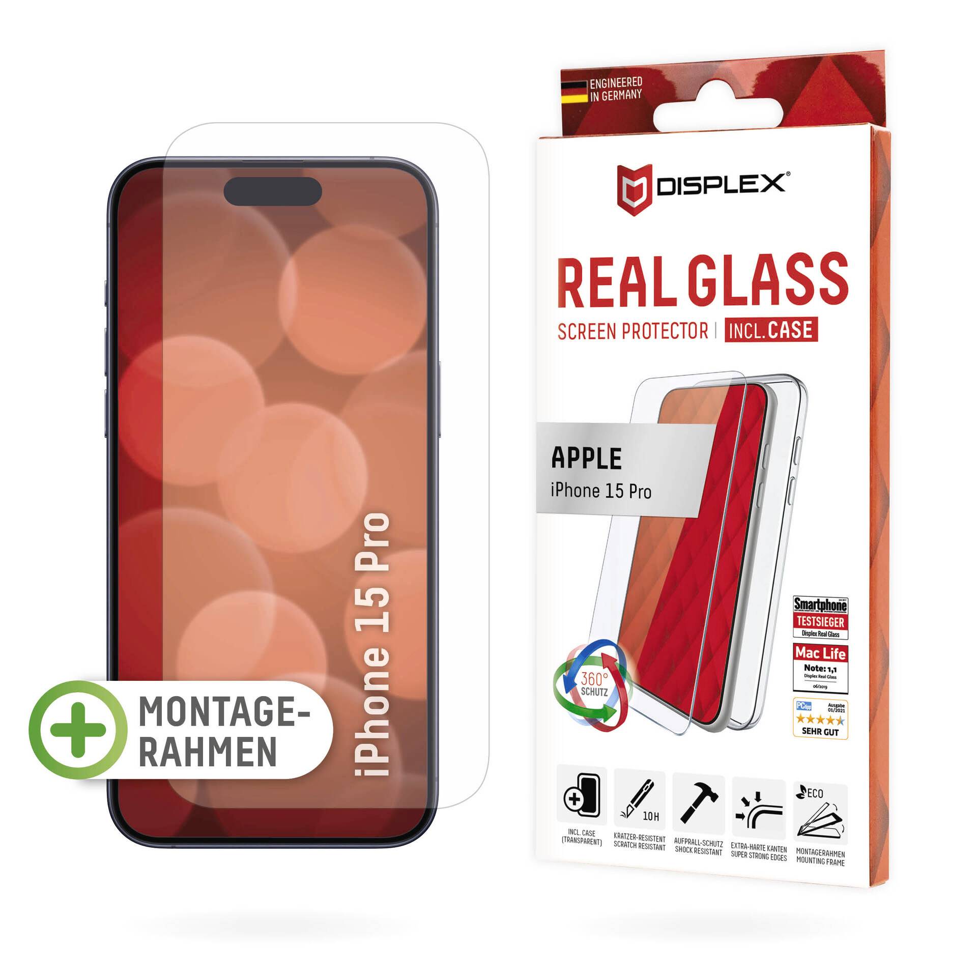 Displayschutz Verpackung mit Aufschrift 'Real Glass Screen Protector inkl. Case'. Für iPhone 15 Pro, Montage-Rahmen enthalten.