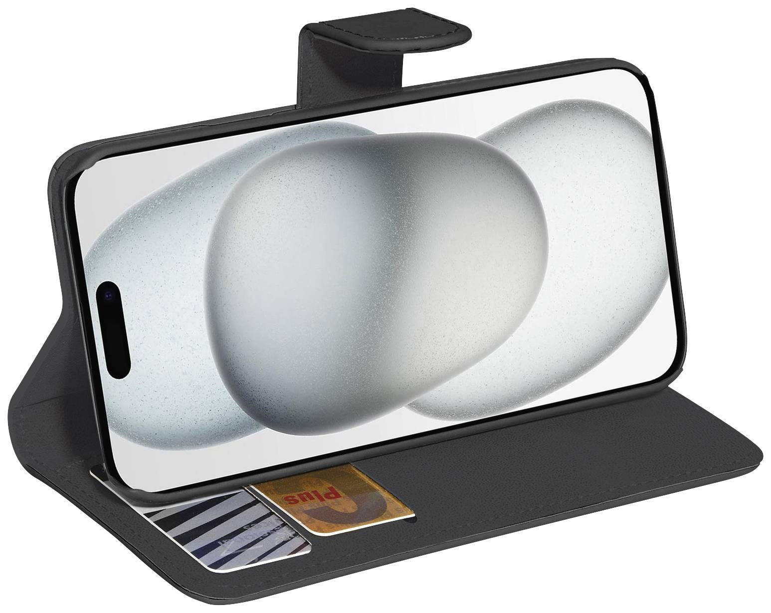 Ein Smartphone in einem schwarzen Etui steht aufrecht, der Bildschirm zeigt ein abstraktes, graues, blasenartiges Muster.