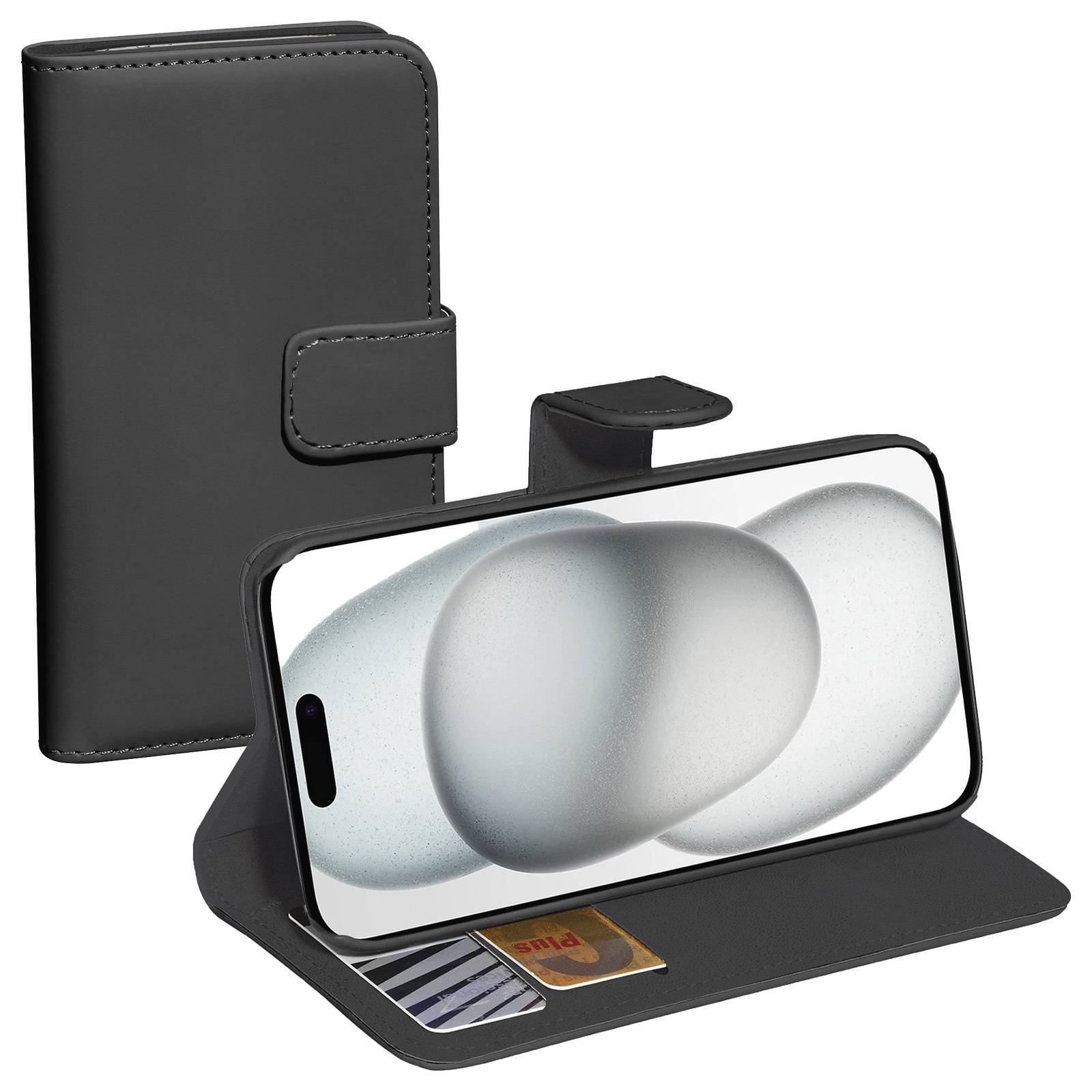 Smartphone in einer aufrechten, aufklappbaren Hülle mit Kartenfächern; Display zeigt ein abstraktes, graues Bild.