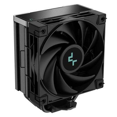 Ein schwarzer CPU-Kühler mit großem Lüfter und Rippen, geeignet zur Kühlung von Computerprozessoren.