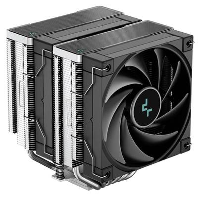 Ein großer CPU-Kühler mit zwei Lüftern und Kühlrippen, geeignet zur effizienten Wärmeableitung in Computern.