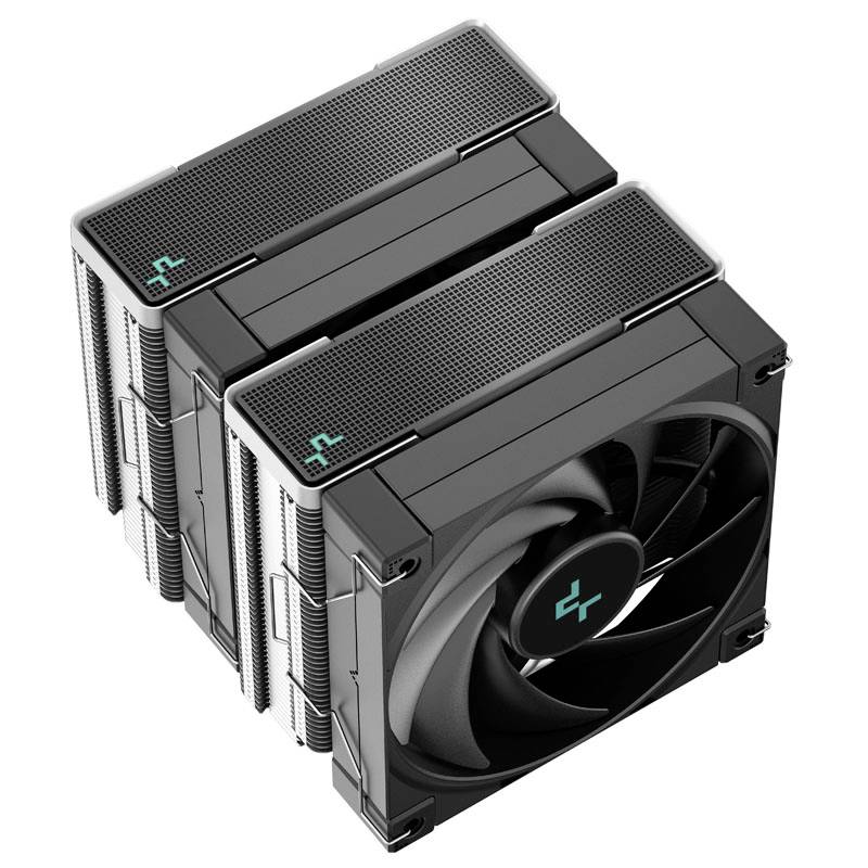 Ein großes, schwarzes CPU-Kühlsystem mit zwei Lüftern und schmalen Kühlrippen. Modernes Design, geeignet für leistungsstarke Systeme.